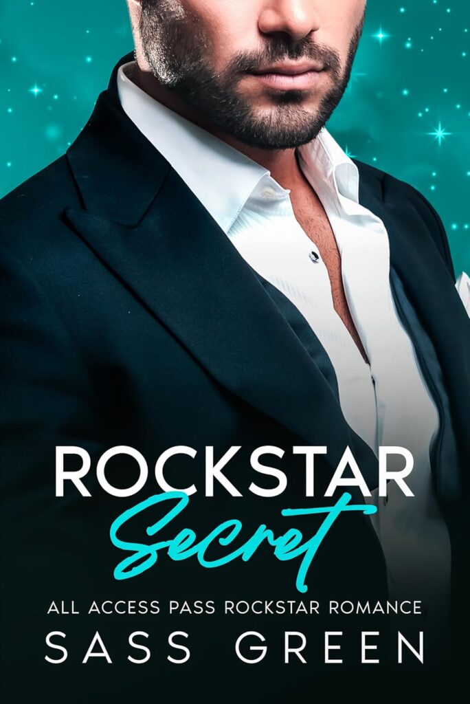 Book cover of Rockstar Secret by Sass Green, rockstar romance, bearded man in a black suit, teal starburst background.