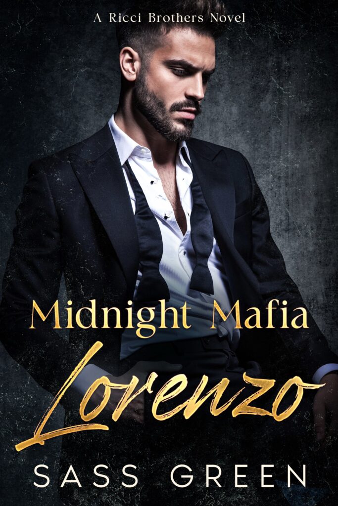 Book cover of Midnight Mafia: Lorenzo by Sass Green, mafia romance, man in an open black suit, bow tie hanging loose.