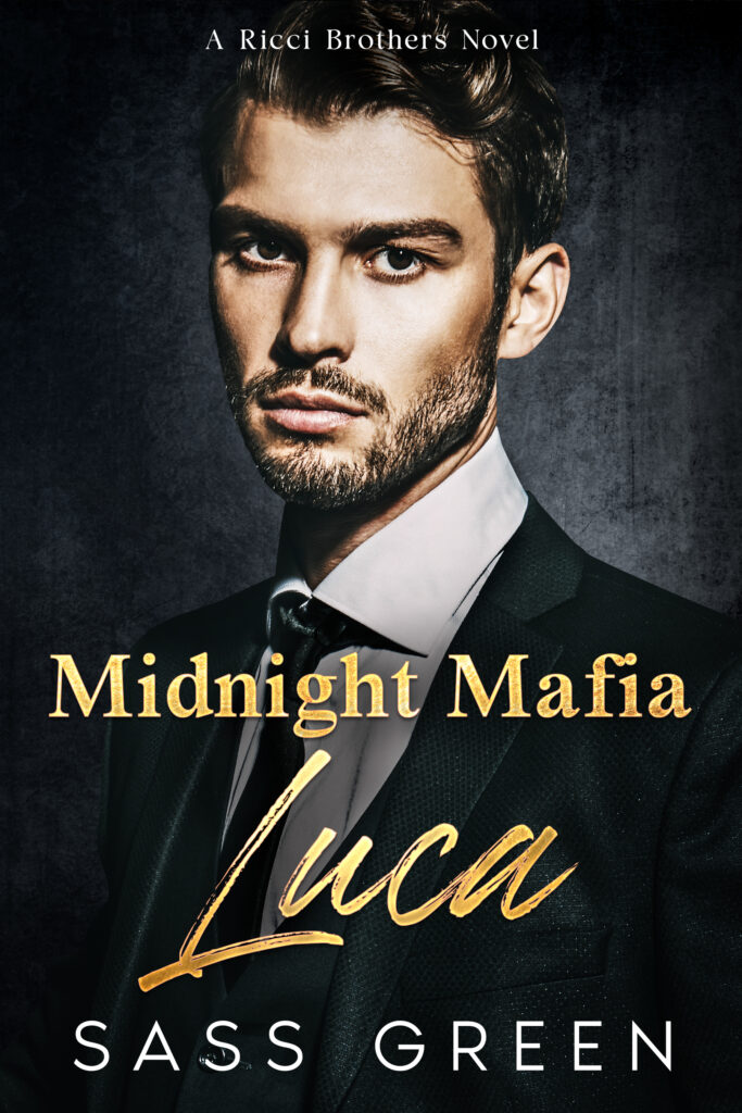 Book cover of Midnight Mafia: Luca by Sass Green, mafia romance, bearded man in a black suit and tie, gold lettering.