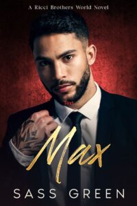 Book cover of Midnight Mafia: Max by Sass Green, mafia romance, tattooed man in a black suit against a deep red wall.