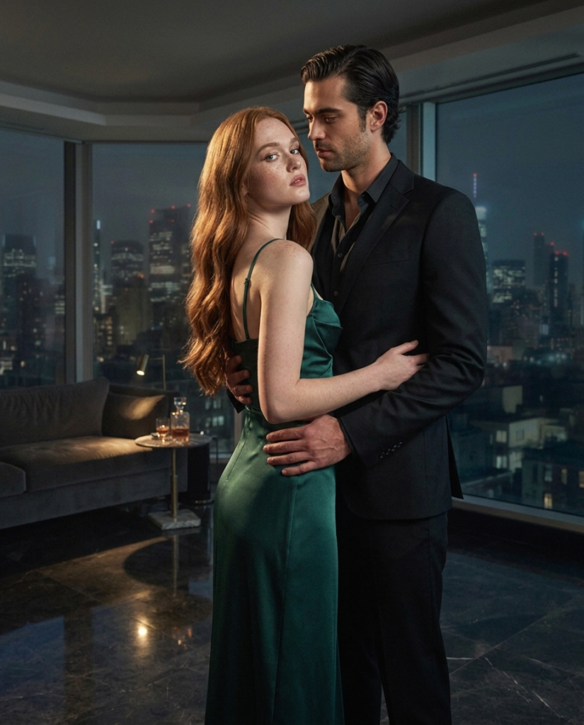 Image representing Lorenzo, the protagonist of Midnight Mafia: Lorenzo wearing a black suit with his arranged marriage wife Emily wearing green.