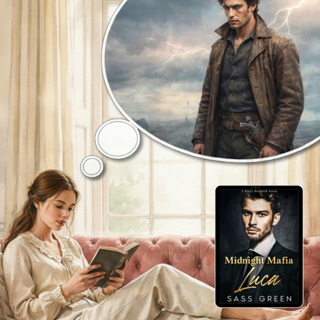 Image of a young woman reading a romance and envisioning a possessive hero.