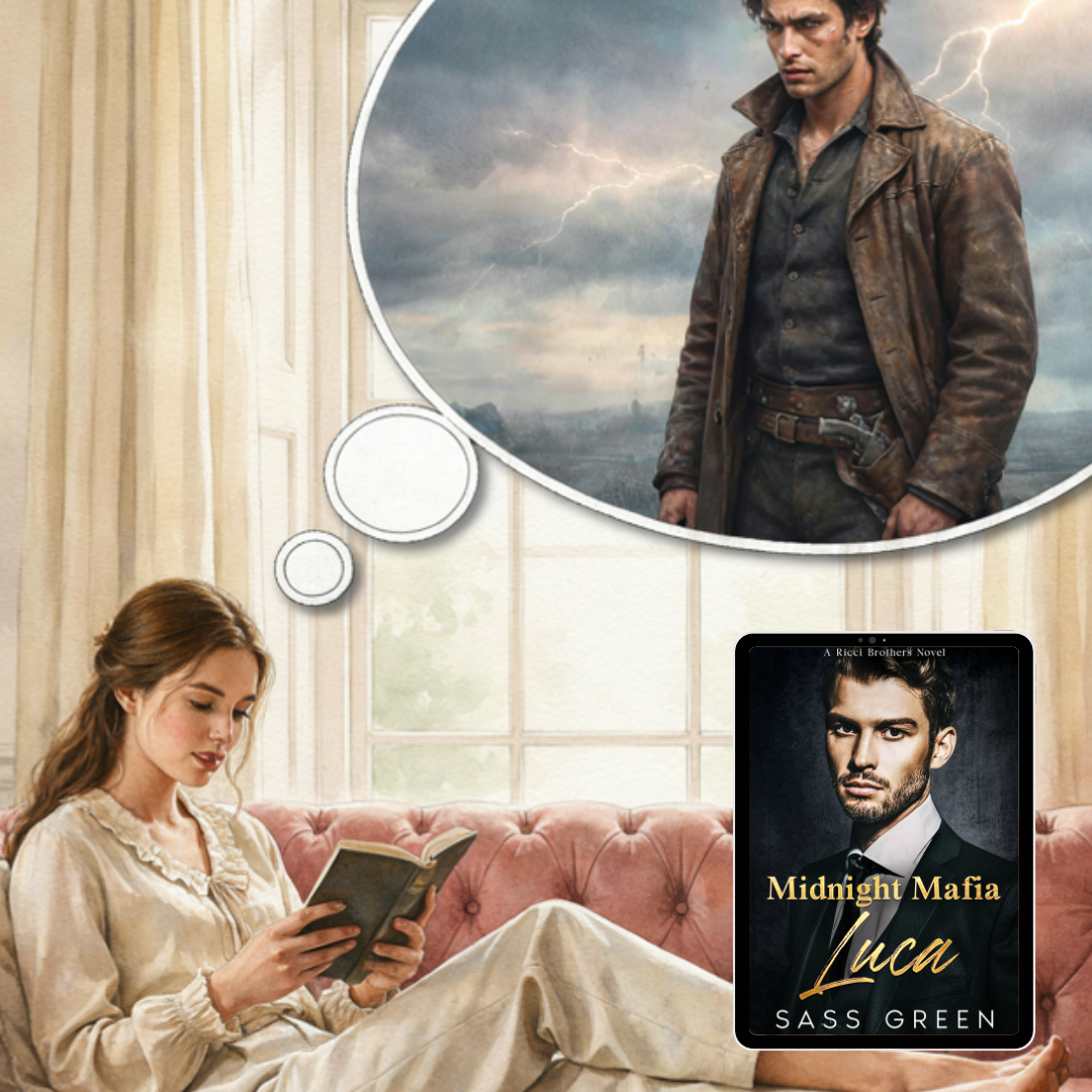 Image of a young woman reading a romance and envisioning a possessive hero.