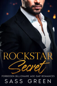 Book cover of Rockstar Secret by Sass Green, rockstar romance, bearded man in a black suit, teal starburst background.