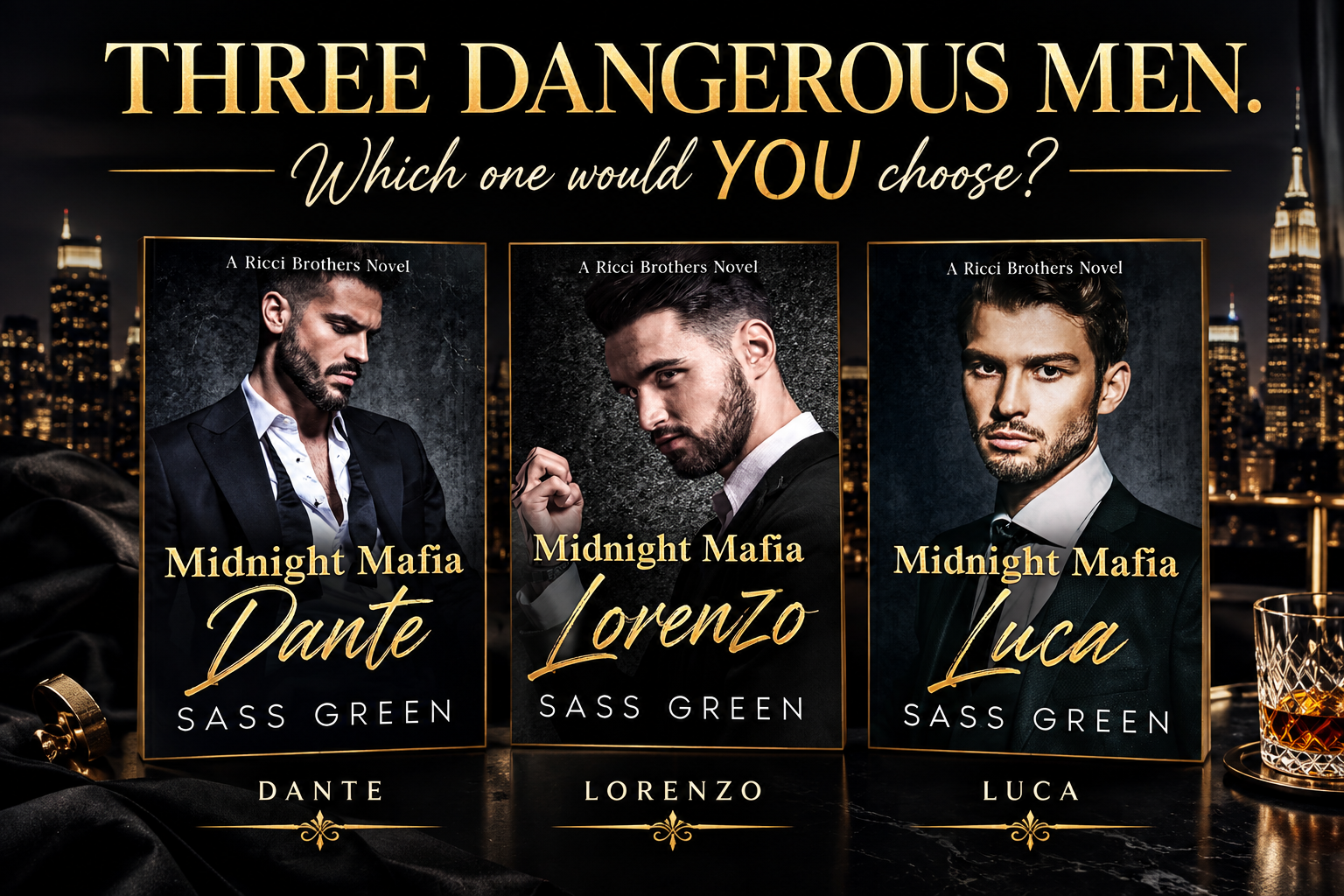 Image shows the book cover of all three books in Ricci Brothers series called Midnight Mafia