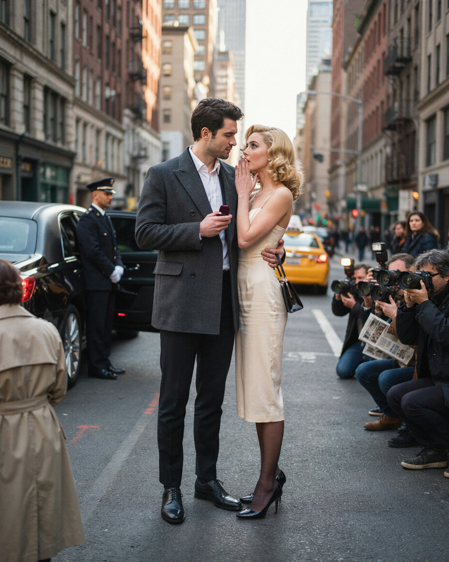 Book cover for Billionaire's Naughty Secret featuring a beautiful blonde in vintage dress with handsome dark haired man in suit .