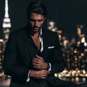 Dangerous handsome mafia romance hero against city lights